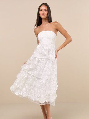 Lulus Pomina White 3d Floral Appliques Tiered Midi Dress - Size XL